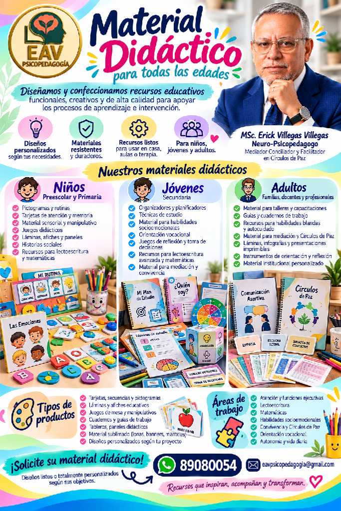 Afiche de EAVPsicopedagogía sobre diseño y confección de recursos didácticos para diferentes edades y áreas de aprendizaje